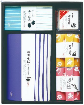 〔内容〕 越前そば120g×3（めんつゆ付） 山うに豆60g 永平寺精進みそ20g×12 胡麻豆腐100g（みそだれ付） 鯖へしこふりかけ50g