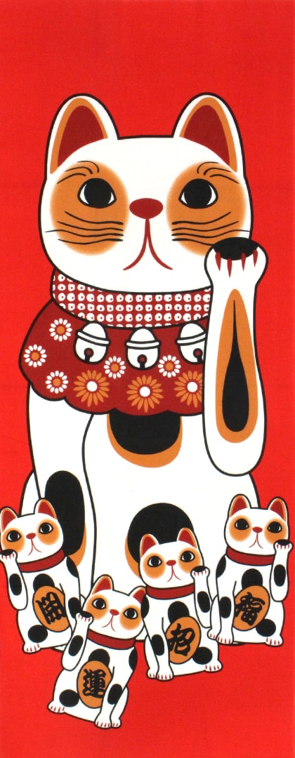手ぬぐい 招き猫 赤 幸福 ネコ 猫 ヤギセイ てぬぐい 捺染 片面染め 日本製 手拭い YST-026