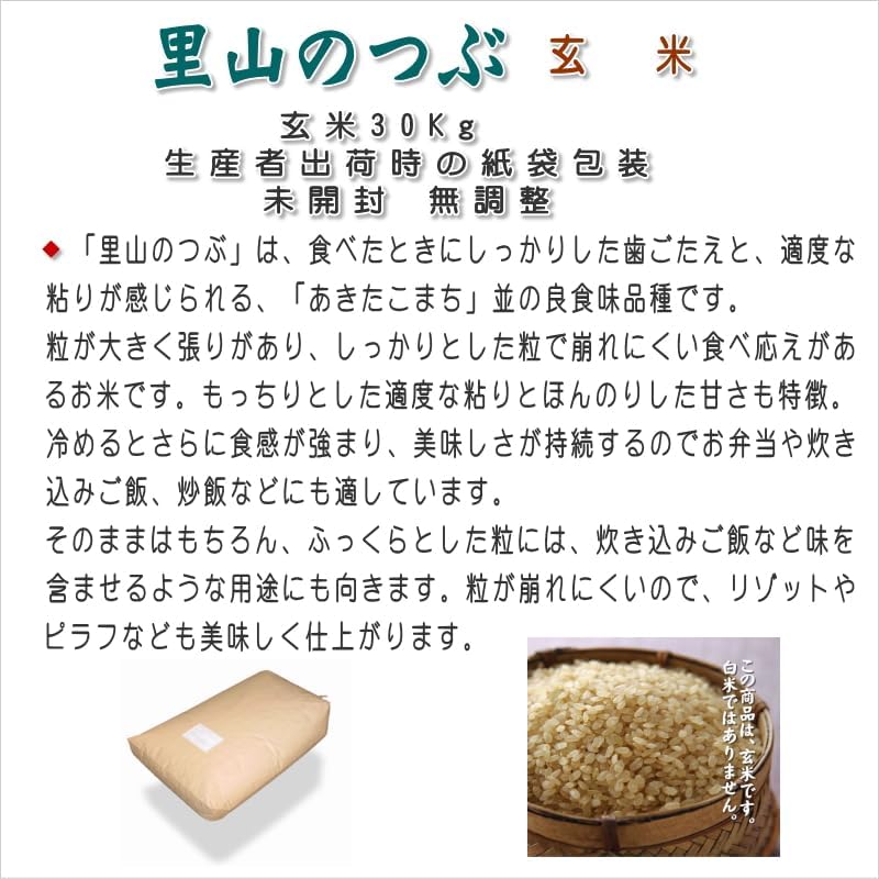 自分で精米する方！検査済み一等米100%・生産者出荷時のまま、未調整未開封　里山のつぶ［玄米］30kg【令和7年産】福島県産