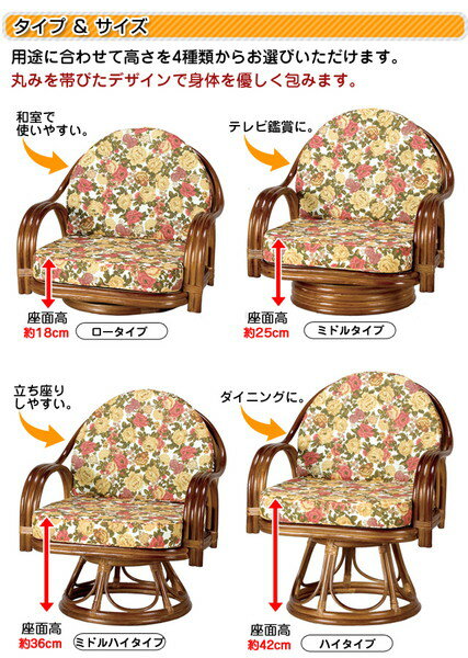 高さが選べる身体を優しく包む天然籐回転チェア ミドルタイプ 004 完成品FL-1109 椅子 ミドルタイプ ゆったり 回転 座椅子 ラタン 組み立て不要 リビング 和室 クッション取り外し可能 いす [3]