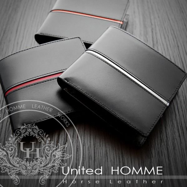 Rakuten - ＼本日P6倍!300円クーポン／ united HOMME 馬革×牛革センターラインデザイン二つ折り財布 財布 ケース メンズ財布UH-1073 ユナイデットオム 馬革 牛革 二つ折り コンパクト 折財布 コードバン 短財布 スーツウォレット 高品質