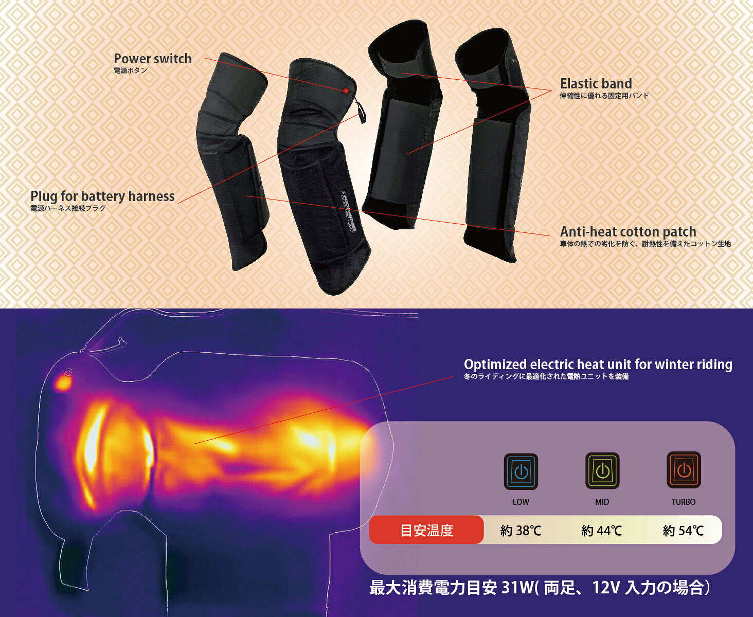 コミネ公式ショップ楽天市場店の【公式】コミネ KOMINE EK-311 エレクトリックウォームチャップス12V バイク バイク用 バイクウェア 電熱 ヒーター 12V DC12V 防寒 秋 冬 電熱パンツ チャップス｜アングル2