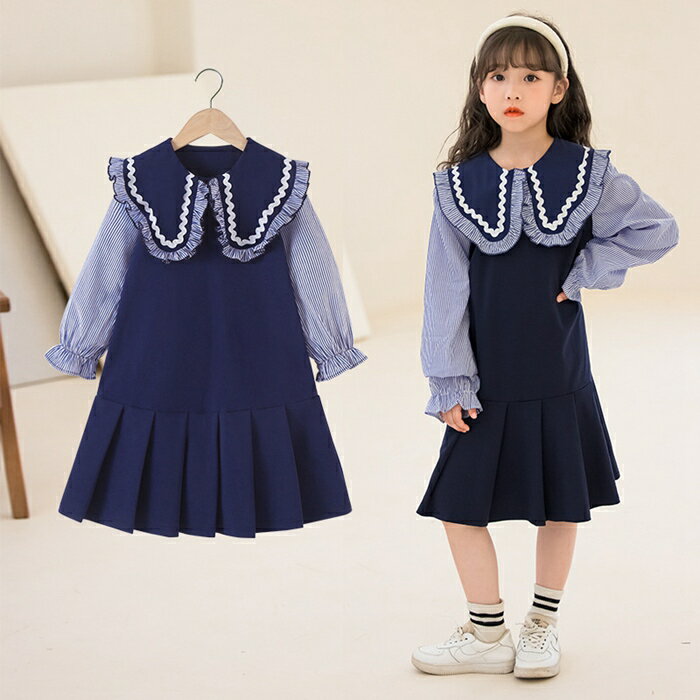 2023春 新品 ワンピース 女の子 子供服 ボーダー柄 学院風 キッズ ワンピース 人気 長袖 お姫様ドレス ネイビー おしゃれ 切り替え 学生 カジュアル 韓国子供服 可愛い 春秋 普段着 110 120 130 140 150 160 170 送料無料