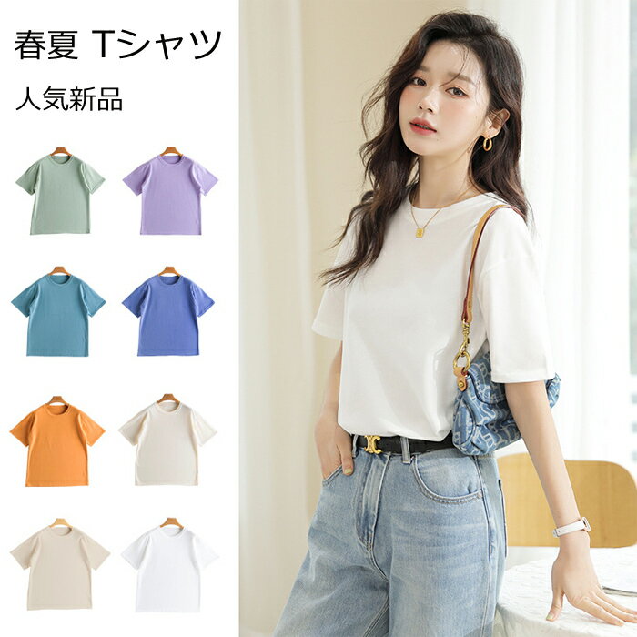 送料無料 春夏新品 人気 Tシャツ 女性 レディース Tシャツ 半袖 トップス 韓国 ファッション 春夏着 カジュアル インナー おしゃれ ラウンドネック 無地 オフィス 仕事 通勤 カラー豊富 ホワイト パープル ブルー グリーン 20代 30代 40代 50代 1