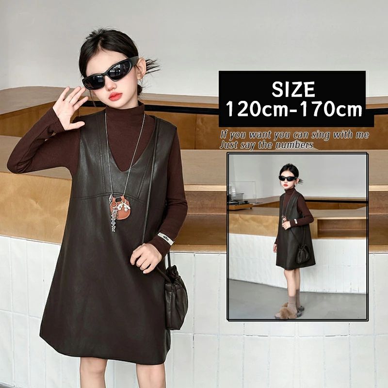 【送料無料】女の子 ジャンパースカート セットアップ 長袖Tシャツ付き フェイクレザー ワンピース キ..