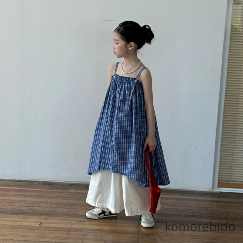 【送料無料】女の子 ワンピース 夏 チェック柄 吊り紐ワンピース 涼しい Aライン ノースリーブ 子供服 キッズファッション 韓国風 カジュアル ゆったり シンプル 可愛い