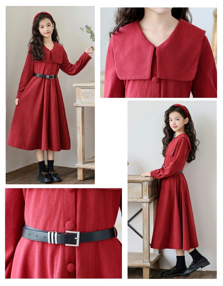 【送料無料】秋冬新作 子供服 女の子 レトロ 長袖ワンピース フォーマル 普段着 発表会 七五三 子ども フォーマル ジュニア レッド ブラック ホワイト 結婚式 入学式 卒業式 可愛い