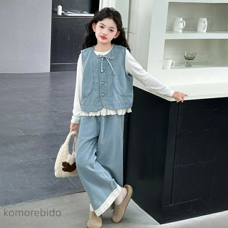 【送料無料】子供服 女の子 セットアップ デニムセット 3点 可愛い 韓国 子供 服 カジュアル おしゃれ 幼稚園 大人っぽい キッズ きれいめ 120cm 130cm 140cm 150cm 160cm 170cm 2