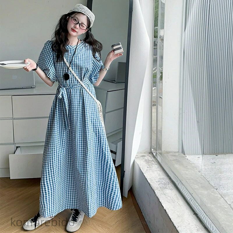 【送料無料】キッズ ワンピース 夏 綿 女の子 ワンピース 半袖 160 130 ブルー チェック柄 ロング丈 親子 子供服 女の子 夏服 ワンピース 可愛い 大きいサイズ 韓国子供服 おしゃれ