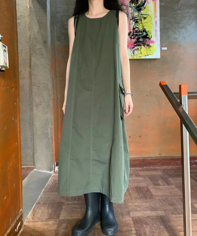 【送料無料】ロングワンピース レディース ワーク風ワンピース きれいめ タンクトップワンピース Aライン ロング ノースリーブワンピース ポケット付き ゆったり 無地 シンプル