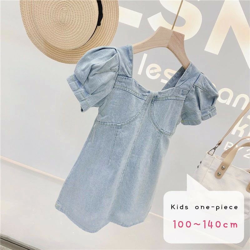 【送料無料】カジュアル シンプル ブルー 無地 デニム生地 パフスリーブ Aライン ミニ丈 スクエアネック 半袖 女の子 キッズ ワンピース