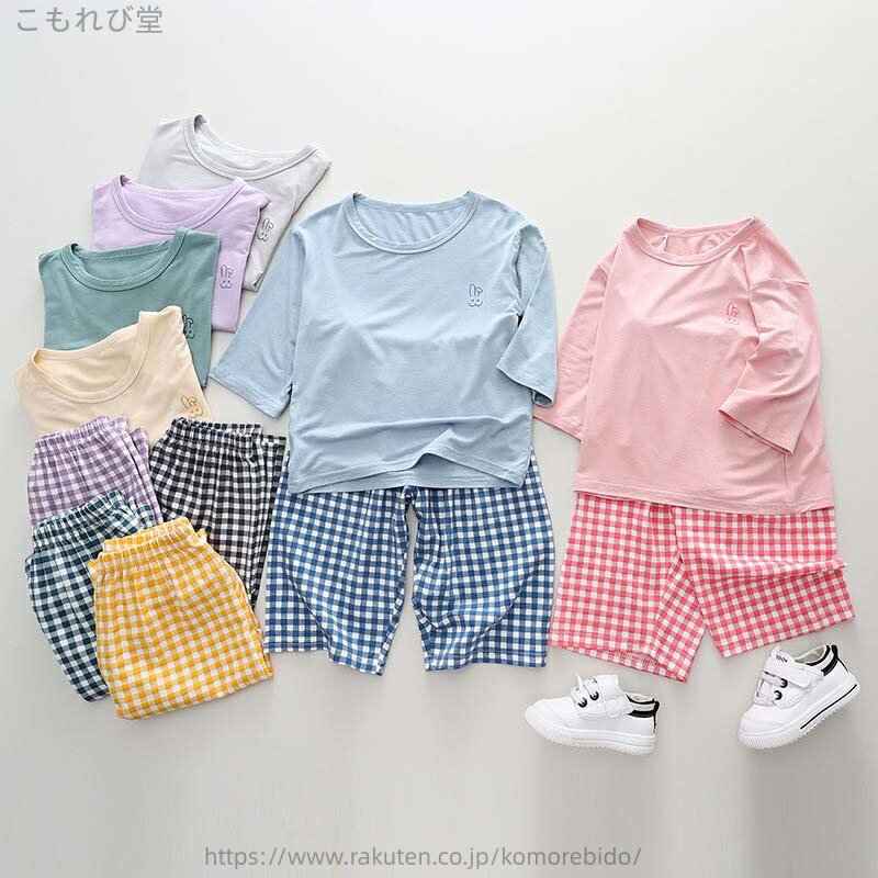 Pajamas - 【送料無料】ショートパンツ Tシャツ 七分袖 半袖 ジュニア セットアップ 子供服 男の子 女の子 キッズ パジャマ 親子ペア 上下セット