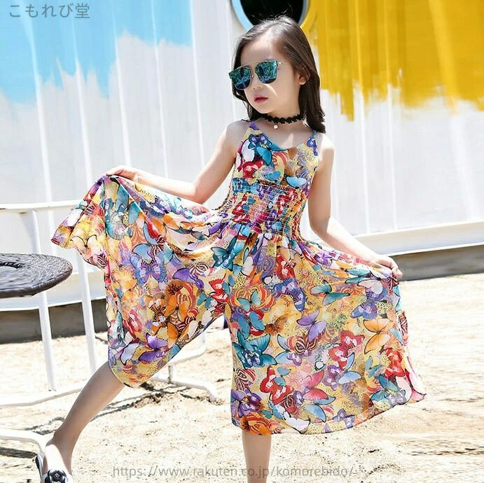 【送料無料】ノースリーブ サロペット プリント 女の子 ボヘミアン ガウチョパンツ ワイドパンツ ワン..