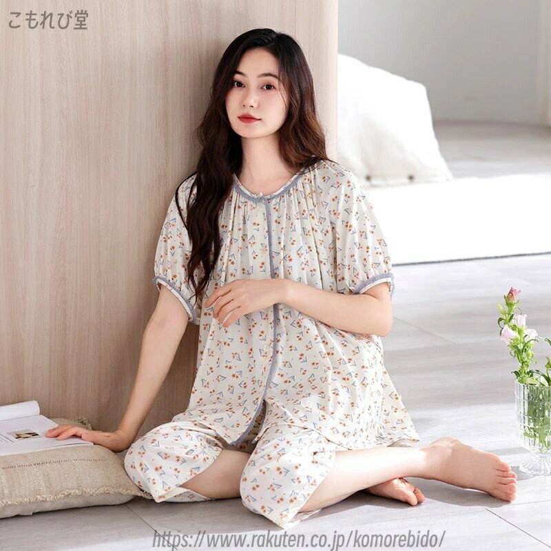 【送料無料】ゆったり 大きいサイズ カジュアル ホームウェア シャツ 七分丈パンツ 半袖 綿 前開き 夏用 レディース