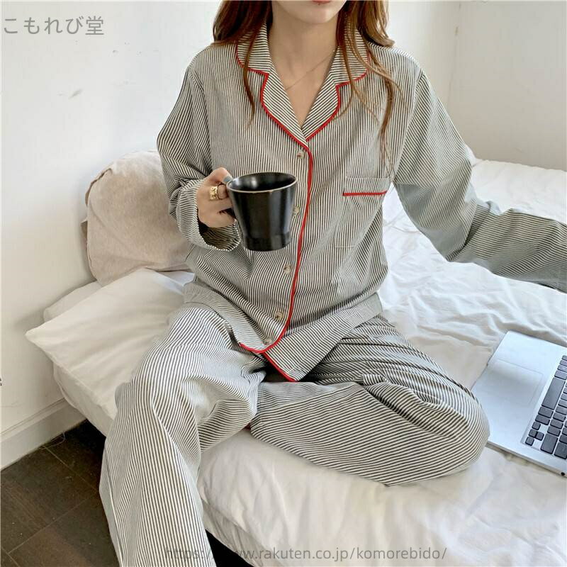 【送料無料】XL L M 白 柄 ストライプ 襟付き Vネック 長袖 前開き パンツ トップス 上下セット パジャマ 部屋着 レディース ルームウェア(4.0)