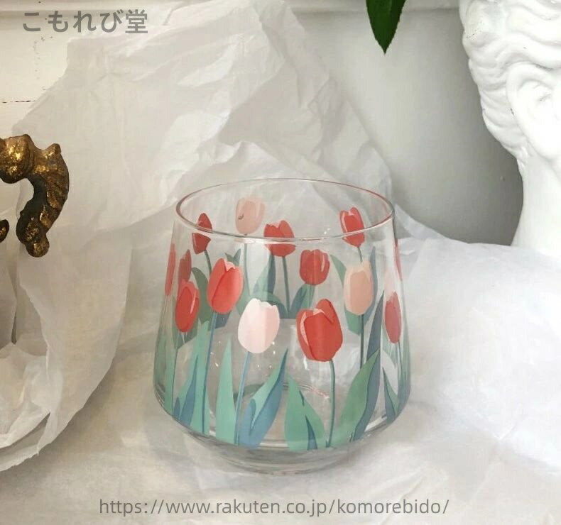 【送料無料】チューリップ　コップ　ガラス　雑貨　食器　グラス　花柄　おしゃれ　北欧　安い　セット　イラスト　可愛い　お揃い　かわいい　マグカップ　ティー