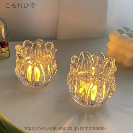 【送料無料】2点セット　チューリップ型　花柄　花型　キャンドルホルダー　透明　ガラス　おしゃれ　韓国　雑貨　インテリア　アンティーク　小さい　キャンドル