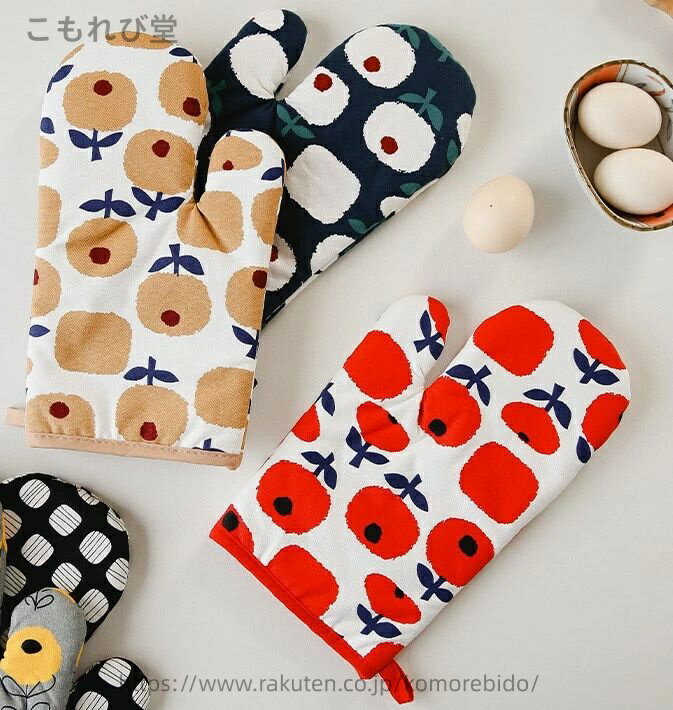 【送料無料】花柄　鍋つかみ　4色　白　ホワイト　レッド　赤　ベージュ　ブラウン　ネイビー　青　ブルー　グレー　オレンジ　イエロー　韓国　北欧　雑貨　壁掛