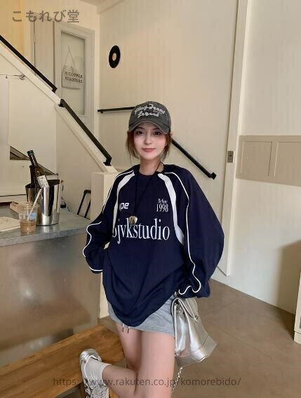 【送料無料】ユニフォーム風　ライン　ロゴ　　長袖　トップス　カットソー　トレーナー　ネイビー　ベースボール　スポーツ　ダンス　衣装　ヒップホップ　HIPHOP