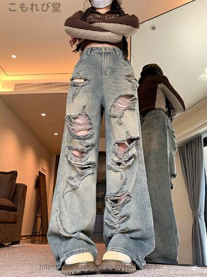 【送料無料】ダメージ クラッシュ 破れ加工 デニム ズボン ボトムス パンツ ジーンズ ジーパン ストレート ロング シンプル ダンス 衣装 ヒップホッ