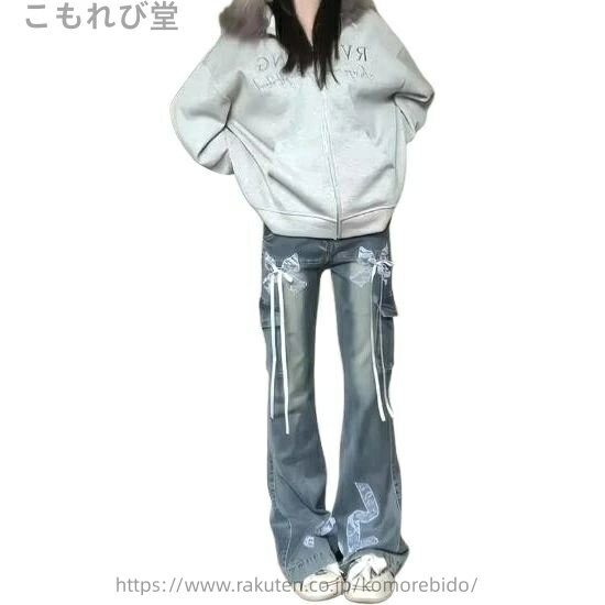 【送料無料】リボン レース フレア カーゴパンツ デニム ズボン ボトムス パンツ ジーンズ ジーパン ストレート ロング シンプル ダンス 衣装 ヒッ