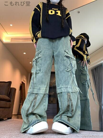 【送料無料】カーゴパンツ デニム ズボン ボトムス パンツ ジーンズ ジーパン ストレート ロング シンプル ダンス 衣装 ヒップホップ HIPHOP レディ
