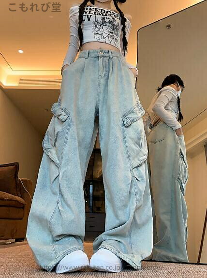 【送料無料】カーゴパンツ デニム ズボン ボトムス パンツ ジーンズ ジーパン ストレート ロング シンプル ワイド 太い 太め ダンス 衣装 ヒップホ