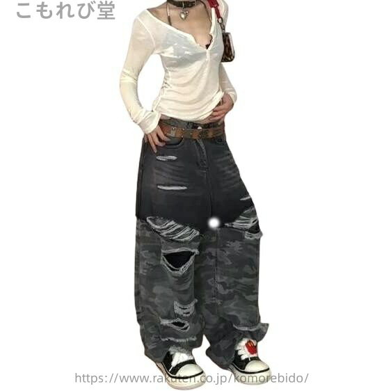 【送料無料】「ベルトなし」ダメージ ミリタリー デニム ズボン ボトムス パンツ ジーンズ ジーパン ストレート ロング シンプル ダンス 衣装 ヒップ