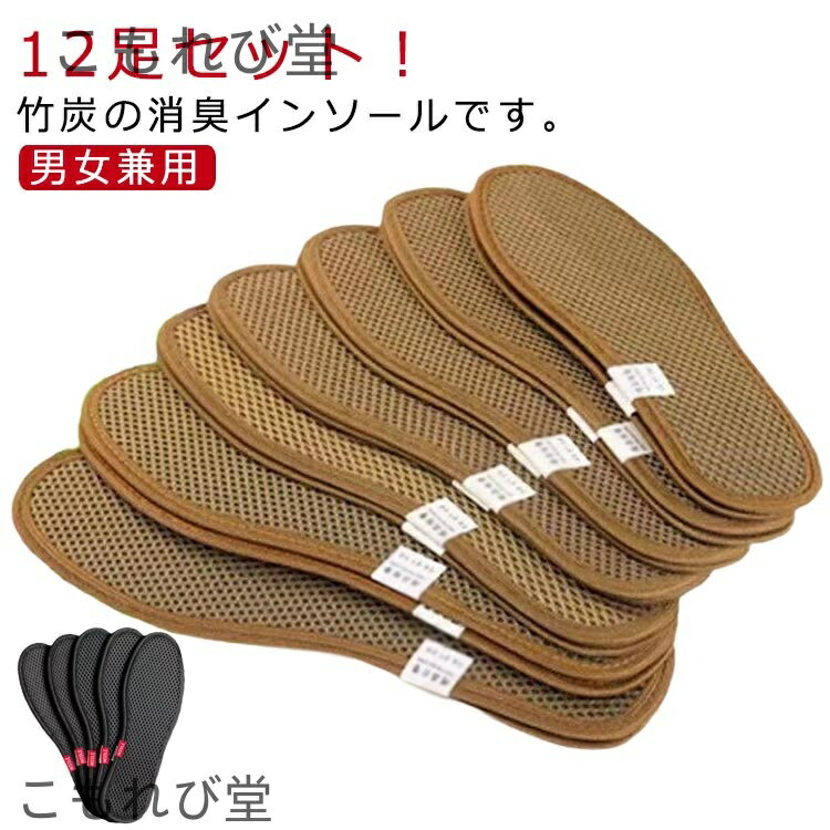 【送料無料】除湿 靴 竹炭 通気性 抗菌 吸汗 消臭 洗える デオドライズ 足が臭わない インソール 中敷き 脱臭 12足セット 黒 ブラック