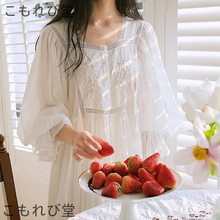 【送料無料】宮廷風 レース レディース お嬢様 綿 コットン 春夏秋 長袖 柔らか 快適 白ワンピース ル..