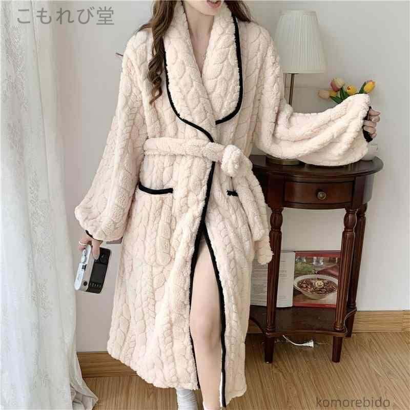 【送料無料】暖かい コーラル 起毛 秋冬 ナイトローブ バスロー 秋冬 レディース もこもこ パジャマ 厚..