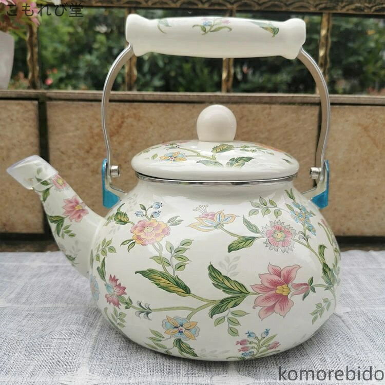 【送料無料】北欧 大容量 広口 ティーケトル 直火/ガス火/IH対応 バラ ホーローやかん コンパクト 和風 湯沸かし 花柄 2.5L 軽量 琺瑯