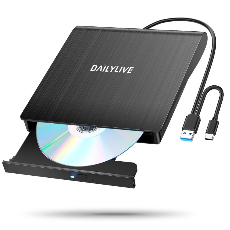 DAILYLIVE 外付けDVDドライブ CD DVDドライブ USB3.0&Type-C両用ケーブル 外付けDVD/CDドライブ Window/Linux/Mac OS対応 静音 軽量 読み出し&書き込み エラー校正 TYPE-Cコネク