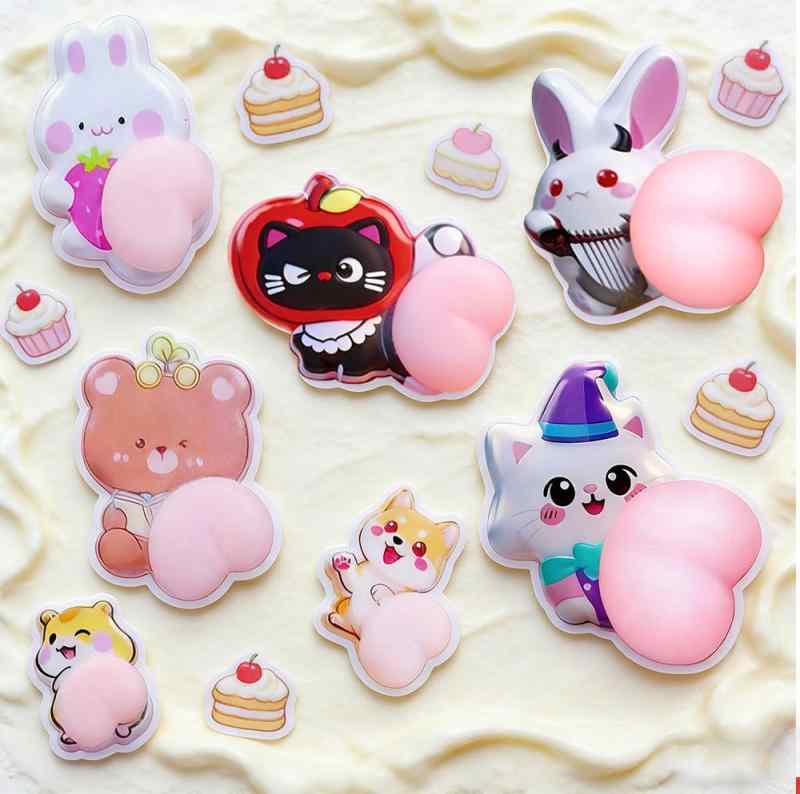 4枚セット 触りたくなる 重複なし おしり ぷにぷにシール ぷくぷく 3D 立体 ステッカー キャラクター風 マシュマロ感 スクイーズ風 シール帳 デコレーション komorebishop-10209419 木漏れ日ショップ サンプル画像3