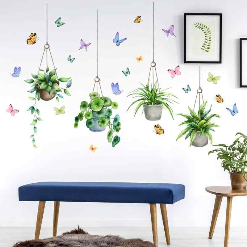 Rakuten - Mansoyun ウォールステッカー ツタ ボタニカル 植物柄 緑の籐と花 緑の葉と花柄 グリーン 吊り下げ 観葉植物 弔り下げの花かご 蝶 鳥 自然風インテリアシール はがせる壁紙シール 防水 北欧ス