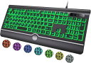 大きめの文字 バックライト付きコンピューターキーボード、7色バックライトキーボード リストレスト付き、USBプラグアンドプレイ、見やすく入力しやすい特大文字キー、有線ライトアップ