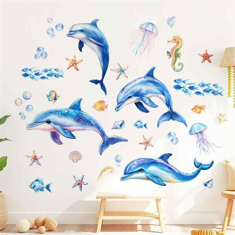 Hikosiya ウォールステッカー イルカ 魚 クラゲ 泡 バスルーム 水族館 飾り 北欧風 かわいい 壁紙シール インテリア 幼稚園 保育園 子供部屋 春 夏 おしゃれ ステッカー DIY ウォールペーパー 剥パッケージ内容：ウォールス...