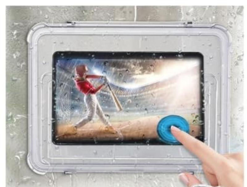 ラシュール 防水タブレットケース バスルーム キッチン トイレ 壁掛け 穴あけ不要 タッチ操作 360度回..