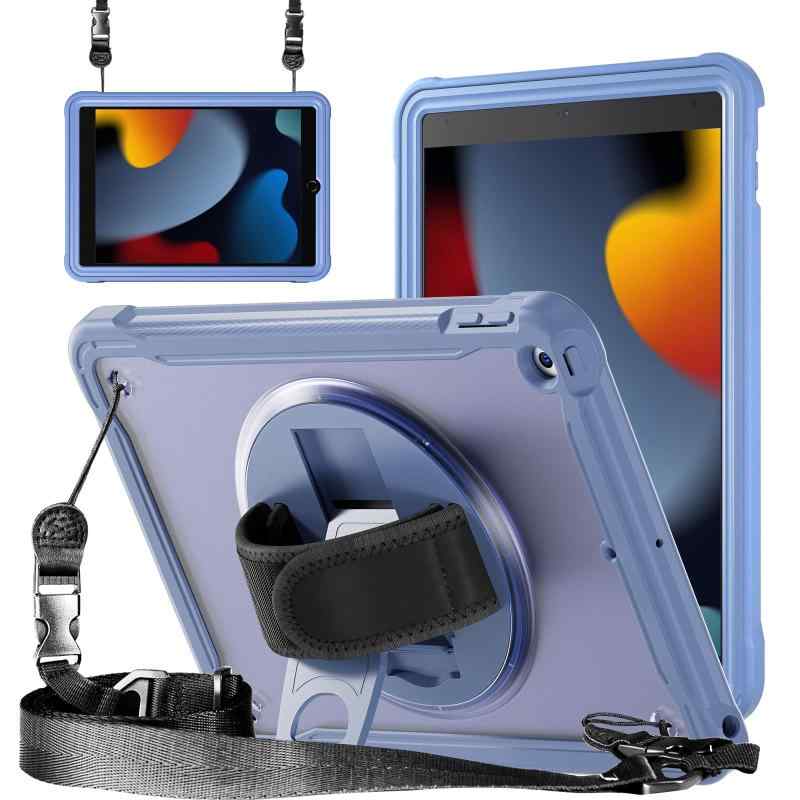 ZenRich iPad ケース 肩掛け 360度回転の折り畳スタンド ハンドストラップ 肩掛け付き ペン収納 半透明 全面保護カバー