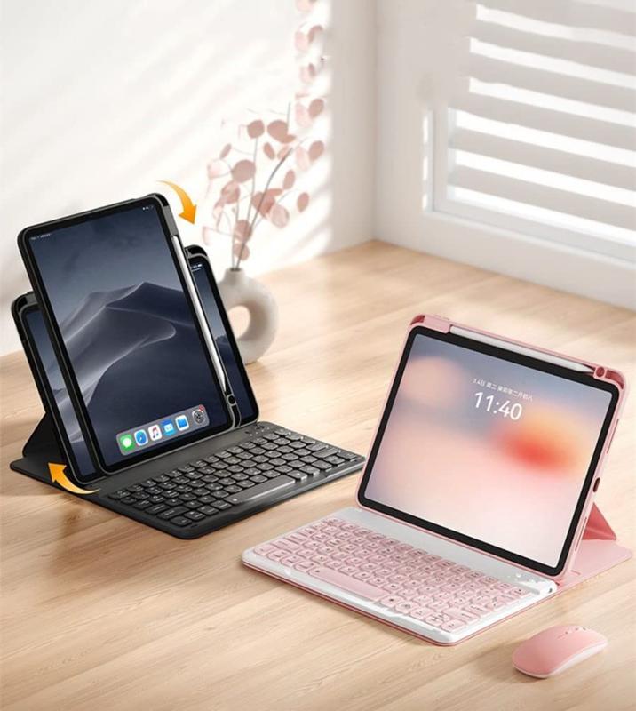 マウス付きiPadキーボードケース 縦置き 磁気吸着 ペン収納 丸いキー 球状くぼみ 360度回転 アイパッド ケース マグネット式 透明カバー 分離式 Bluetooth キーボード&ワイヤレス マウス付き