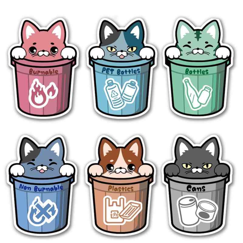 SignStore カラフルな猫イラスト ゴミ分別ステッカー 6枚セット 吹き出し付き 6cm×9cm TMZN002