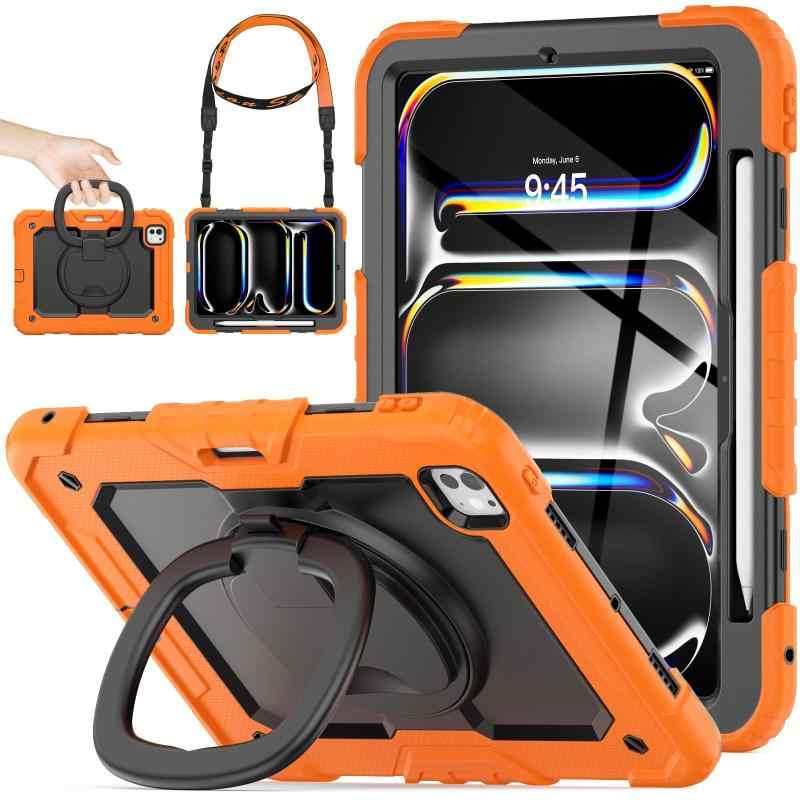 SEYMAC stock 2025年/2024年 iPad Pro 11インチ(M5/M4)リングハンドル耐衝撃ケース 保護フィルム付き前面カバー ペン収納 360°回転リングハンドルスタンド ショルダーストラップ iPad Pro 11 第5世代専用