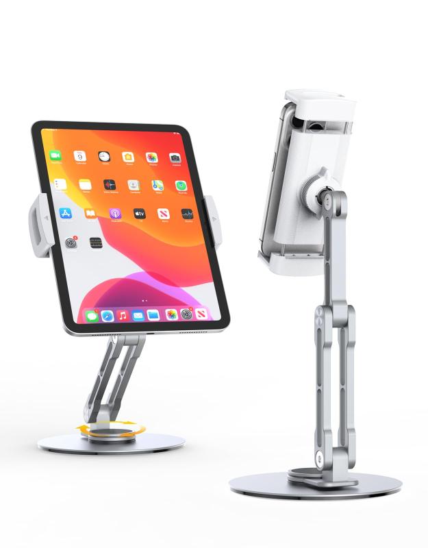 SHUWEI タブレットスタンド 卓上 360度回転 最高26cm アルミ合金折りたたみアーム グリップ型 横/縱/仰向け 揺れない 4-13インチのスマホ/タブレット/Kindle 対応 モデルT650 银色