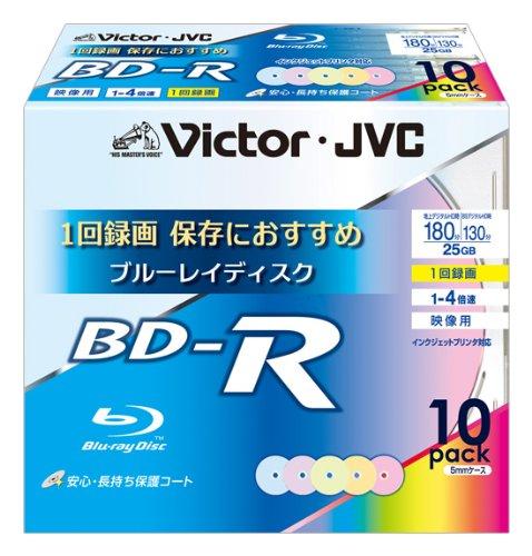 ビクター 映像用ブルーレイディスク 1回録画用 25GB 4倍速 保護コート(ハードコート) ワイドカラープリンタブル 10枚 台湾製 BV-R130UX10規格:-R / 容量(GB):25種類:AV用 / 記録面:片面1層 / 4倍速入数:10盤面印刷:可 / 印刷面:ワイド著作権保護:CPRM