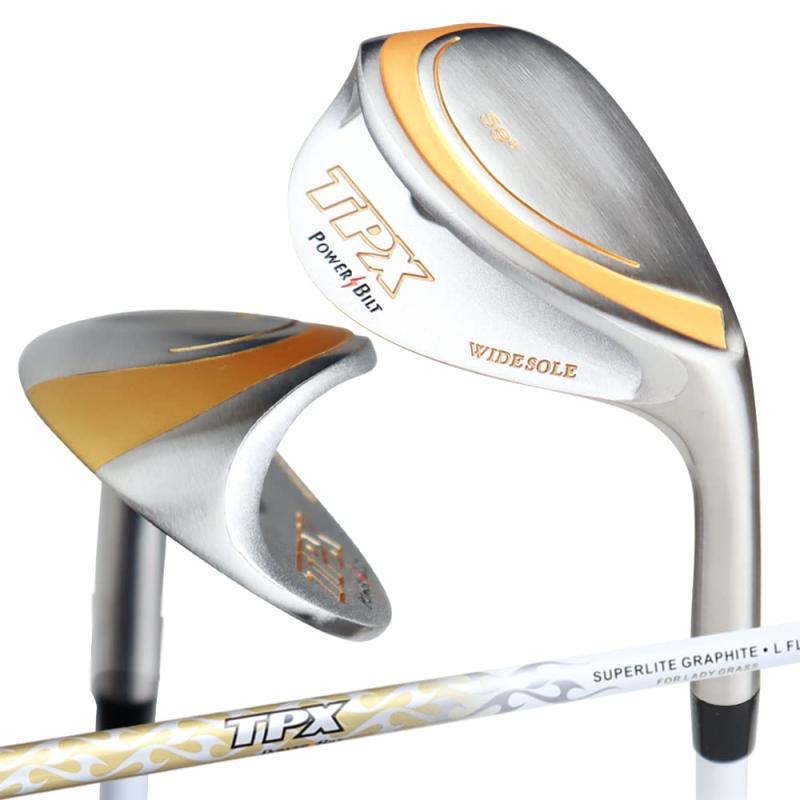 ゴルフ サンドウェッジ レディース TPX ワイドソール 59度 カーボンライトカーボンシャフトの装着により軽くクラブを振りぬきやすくまた、フランジを大きくとった超ワイドソール形状で、バンカーでの使用時に操作しやすい設計です。ロフト：59°ライ角：64°長さ：33.75インチヘッド素材：ステンレススチールカーボン装着グリップ：オリジナルラバーグリップ