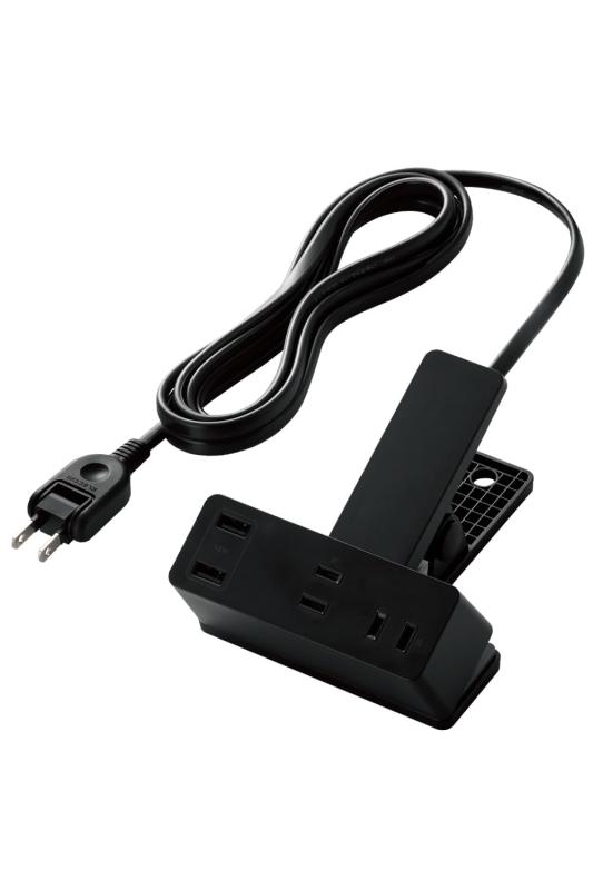 エレコム 電源タップ クリップ 2.5m [ 3個口 USB-A×2 ] 雷ガード 極性対応 吊り下げ ほこりシャッター付 スイングプラグ T-U05-3225