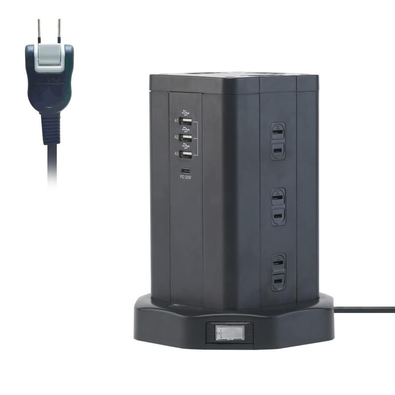 TOP-FLEX 電源タップ タワー式 12AC充電口・PDポート20W・3USBポート（最大3.4A/5V）一括スイッチ 雷ガード 過負荷保護 省エネ PSE認証済 延長コード2m オフィス/家庭給電用
