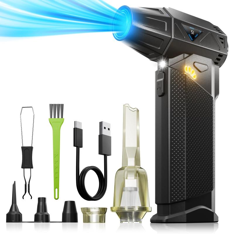 Inspvllu エアダスター 電動エアダスター ブロワー 洗車 56m/s 180000RPM 無段階スピード 小型 強力 8000mAh大容量バッテリー 充電式 5V3A 急速充電対応 コードレス 過熱保護 3種類ノズル付き PC掃除/バ