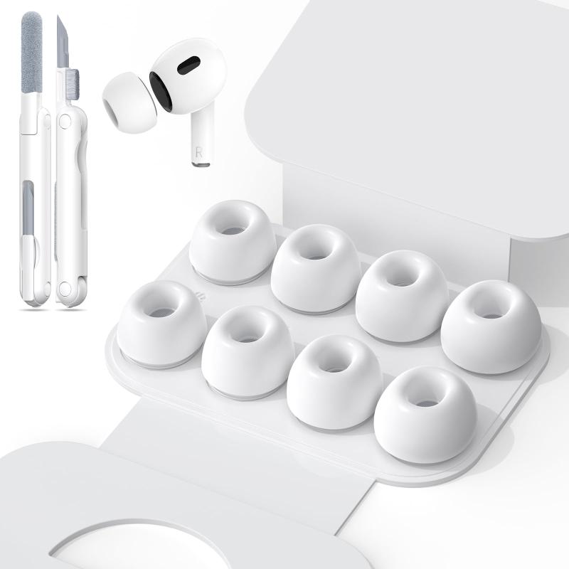 RFUNGUANGO (4ペア) AirPods Pro 第2世代/第1世代 交換用イヤーチップ ノイズ低減穴付き AirPods Pro用シリコンイヤーチップ ポータブル収納ボックスとクリーニングペン付き (XS/S/M/L) - ホワイト
