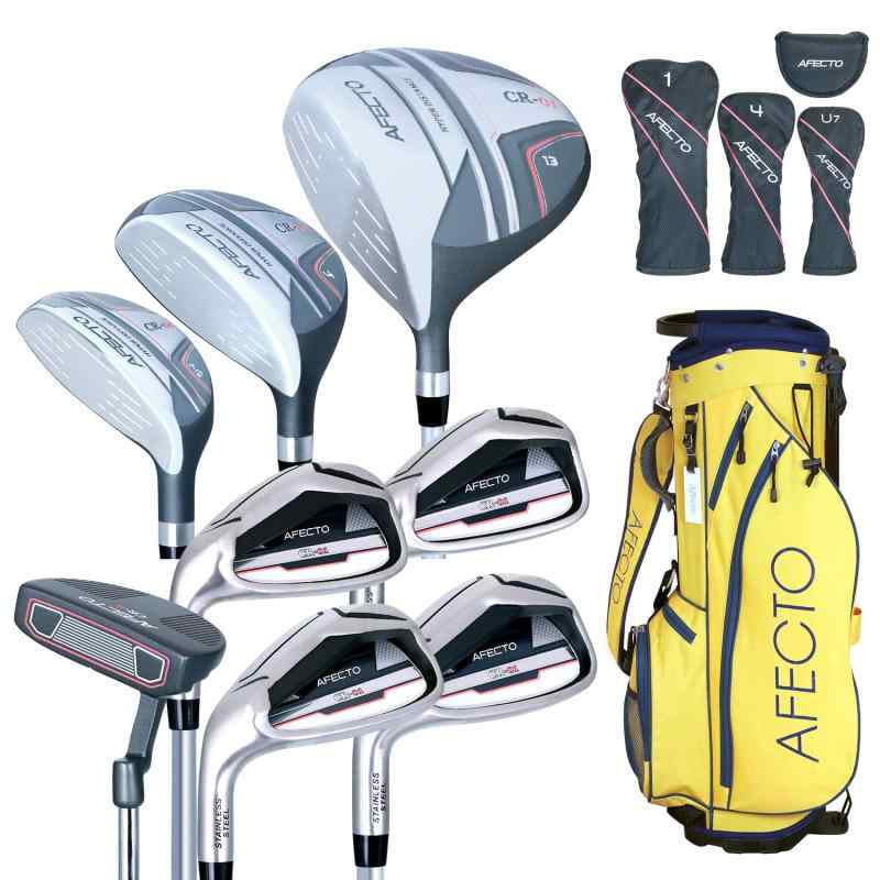 AFECTO CR-01 レディース アフェクト ゴルフクラブセット 左用 クラブ8本 （1W/4W/7U/7I/9I/PW/SW/パター） HSスタンドキャディバッグ付 ビギナー 初心者セットドライバー（1W）は、1打目で飛距離を出せるドライバーはスイートスポットが広く、ヘッド体積はルール内の460cc仕様。 打点のブレにも強い設計で、気持ちよく飛ばせるようにやさしさ・安定性・飛距離性能を兼ね備えたゴルフクラブ。（専用ヘッドカバー付き）フェアウェイウッド（4W）は、ボールが上がりやすい薄型シャロー設計。 初心者の方でも扱いやすい4番ウッドを採用することで、ミスを軽減し高い打ち出し角が可能に。（専用ヘッドカバー付き）ユーティリティ（7U）は、ミスに強いお助けクラブを標準装備。フェアウェイウッドよりも操作性がUP。 アイアンよりも芯が広いユーティリティはウッドやロングアイアンが苦手な方へのお助けクラブ。 ユーティリティなら打てるという人も多いお助けクラブ。（専用ヘッドカバー付き）やさしいキャビティアイアン（7I/9I/PW/SW）。 広いスイートスポットでミスをカバーしやすいキャビティタイプのアイアンです。 初心者ゴルファーにとって扱いやすい、7番からサンドウェッジまでの4本セット。ゴルフで最もよく使うパターだからこそ、扱いやすいマレット型を採用。 ヘッドの重さを使って真っすぐストロークできる打ち易さや方向性の安定しやすい点からも、 初心者ゴルファーの方にやさしいマレットパター。（専用ヘッドカバー付き）ゴルフをはじめてされる女性ゴルファーに最適のカーボンシャフト仕様。 一般的な女性クラブの硬さ（L相当）でおつくりしており、安定したスイング軌道を身につけていただきやすいシャフト設計。軽くて持ち運び便利なキャディバックは6色からカラーが選べ、 男女兼用モデルで軽量かつ持ち運びにも便利なスタンドタイプ。 フルセパレーターでクラブも絡みにくい。大小さまざまなポケットつきでボールや小物など収納力抜群。セット内容：ドライバー・フェアウェイウッド（4W）・ユーティリティ（U7）・7I・9I・PW・SW・パター ロフト角： ドライバー（13°）・フェアウェイウッド（18°）・ユーティリティ（27°）・7I（34°）・9I（42°）・PW（46°）・SW（54°）・パター（3°） 長さ：ドライバー（43.75インチ）・フェアウェイウッド（41インチ）・ユーティリティ（38インチ）・7I（36インチ）・9I（35インチ）・PW（34.5インチ）・SW（34.25インチ）・パター（32インチ） 重量： ドライバー（305g）・フェアウェイウッド（325g）・ユーティリティ（365g）・7I（385g）・9I（395g）・PW（405g）・SW（410g）・パター（550g） シャフト硬さ：L（レディース） 選べる全6カラー： HSスタンドキャディバッグ（ブラック/トリコロール/レッド/グリーン/オレンジ/イエロー） 8.5型／約2.5kg／ポリエステル／フードカバー付属／ネームプレート付属
